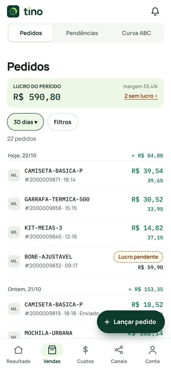 Lista de pedidos do tino no celular
